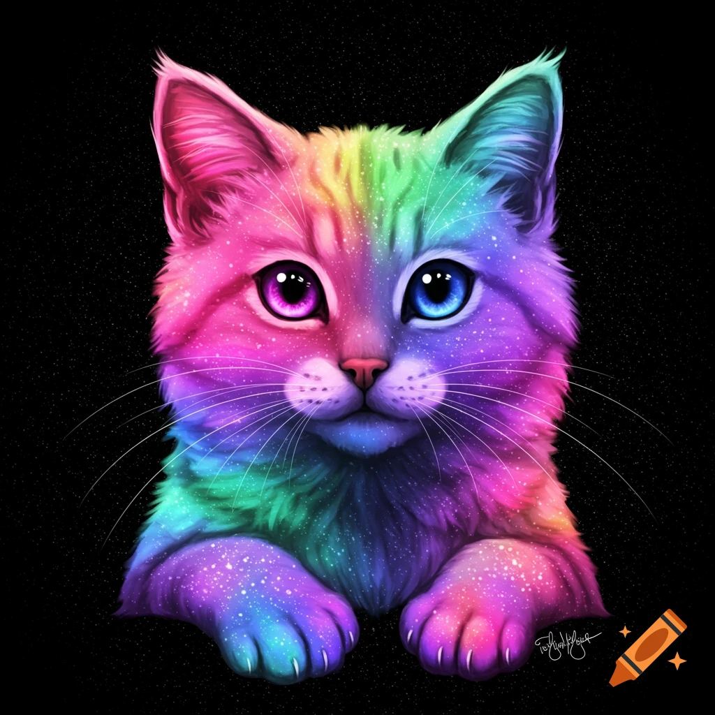 A fluffy cat with fur colored like a rainbow galaxy, set against a black background.