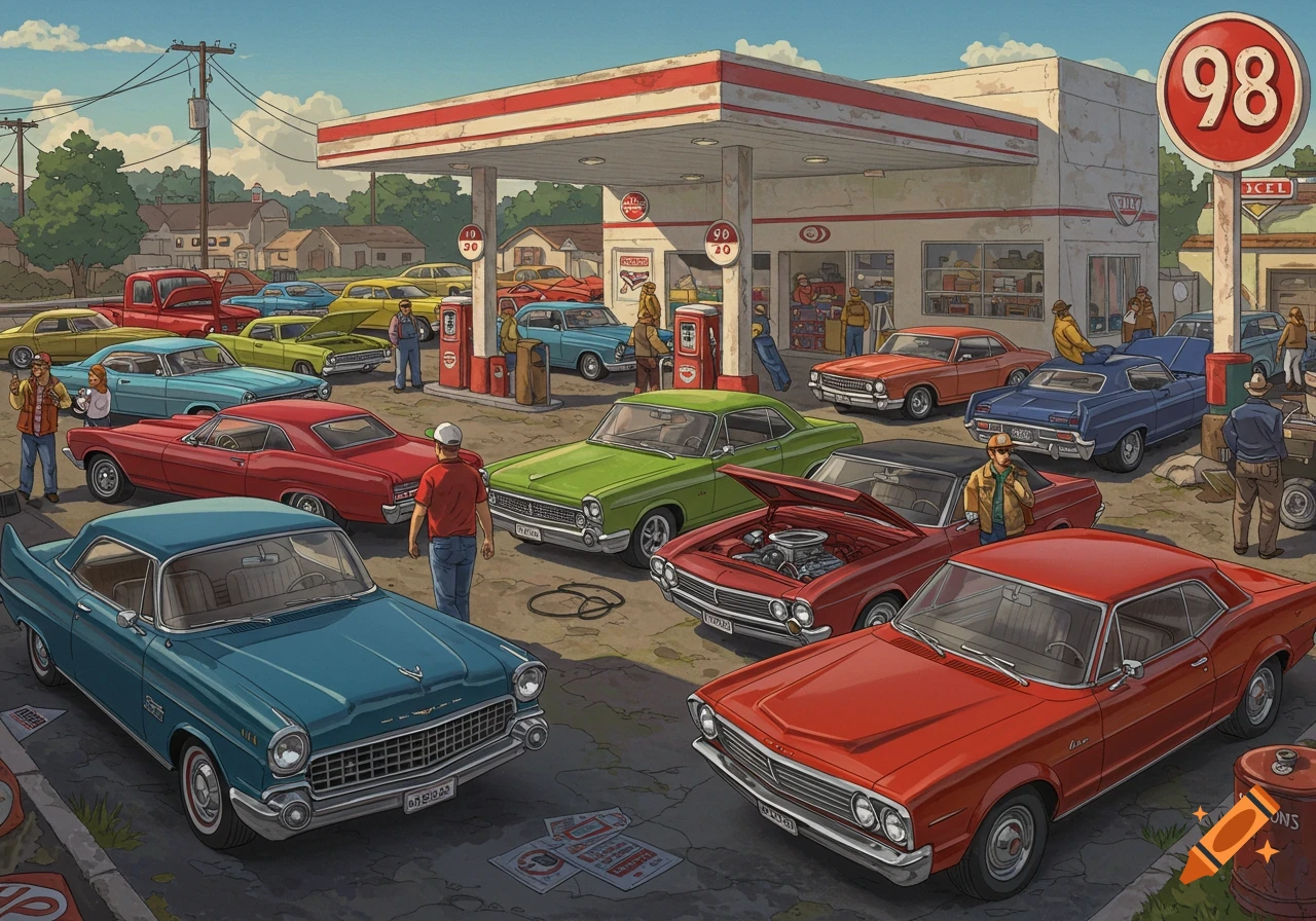 A vintage car club meeting at a gas station.