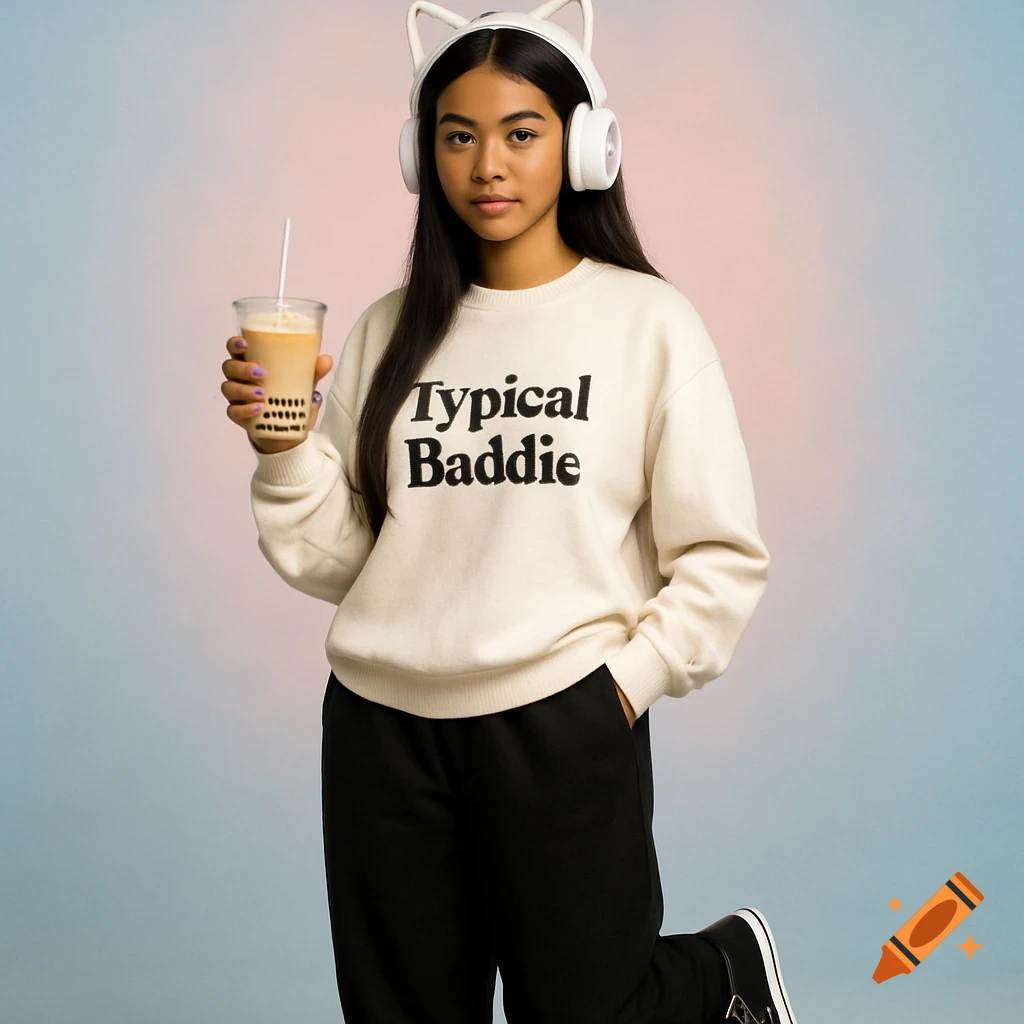 A person wearing a white sweater with 'Typical Baddie' text, cat-ear headphones, and black sweatpants, holding a bubble tea.