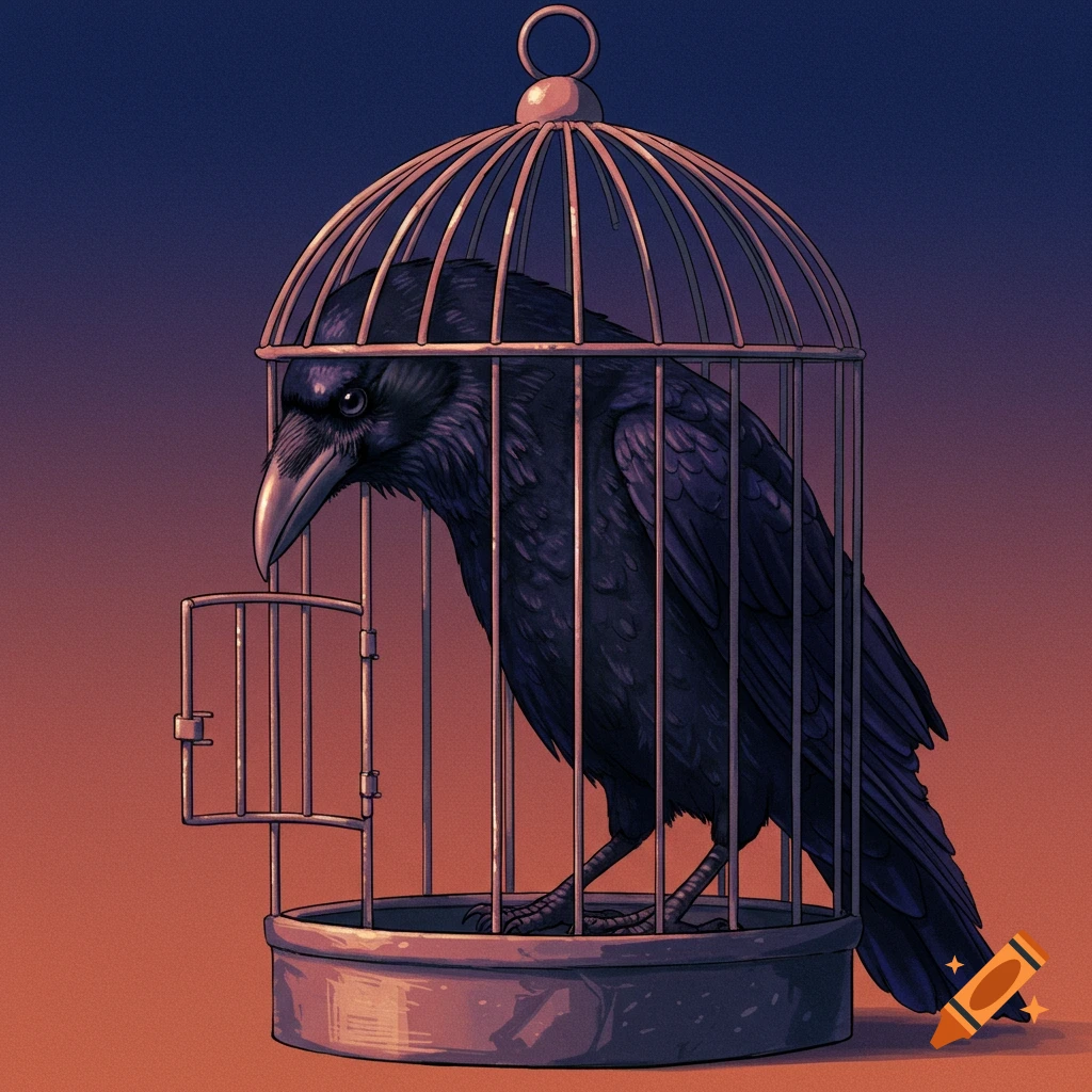 A crow in a partially open bird cage against a gradient sky.