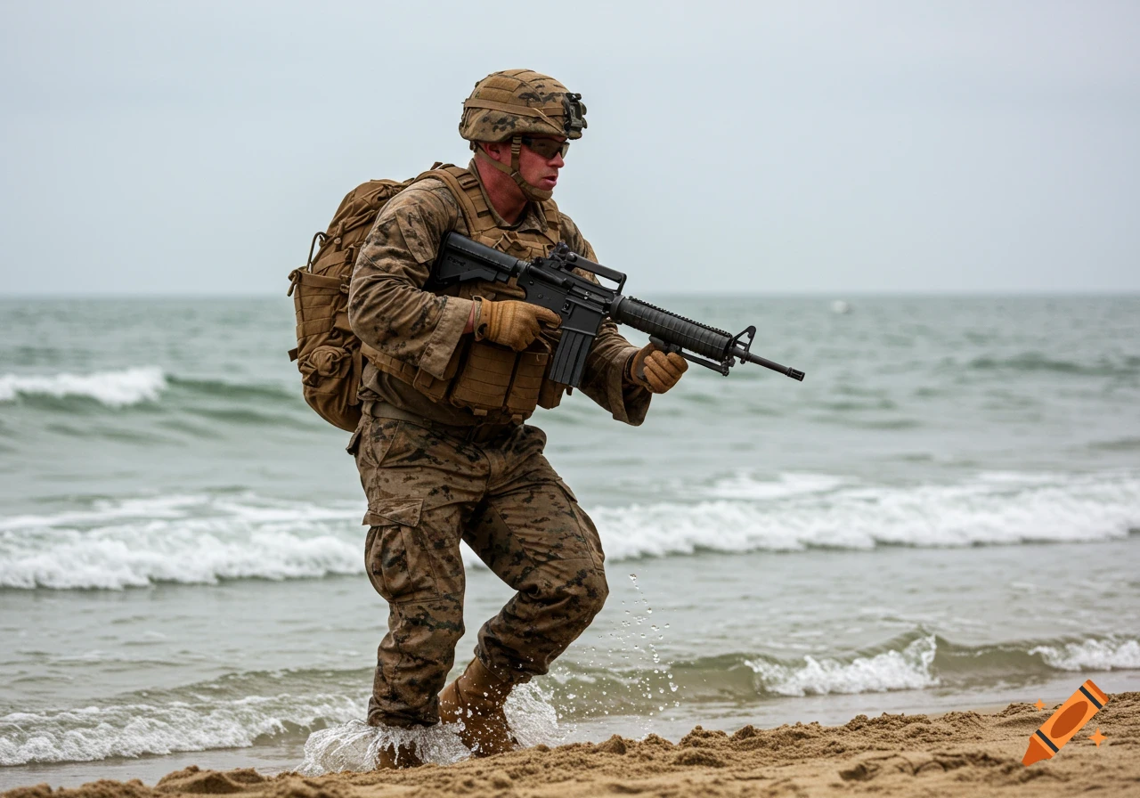 A marine in camouflage uniform wades through shallow water on a beach with a rifle and backpack.