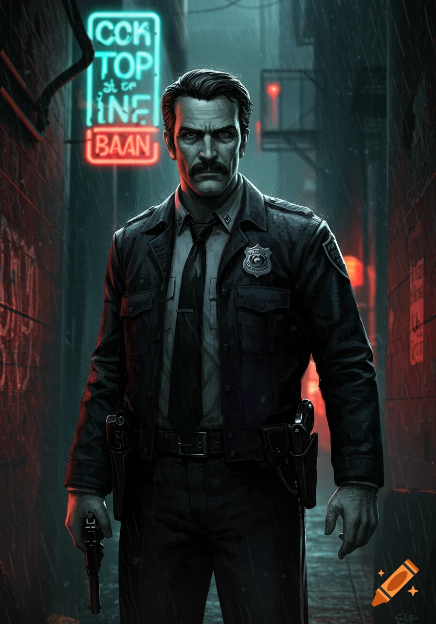 A stern-faced policeman in uniform stands in a rainy, neon-lit alleyway.