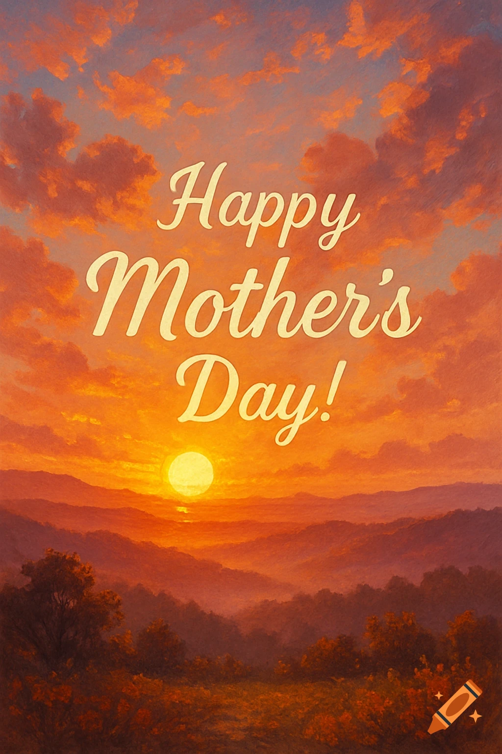 A painted sunset over mountains with 'Happy Mother's Day!' text.