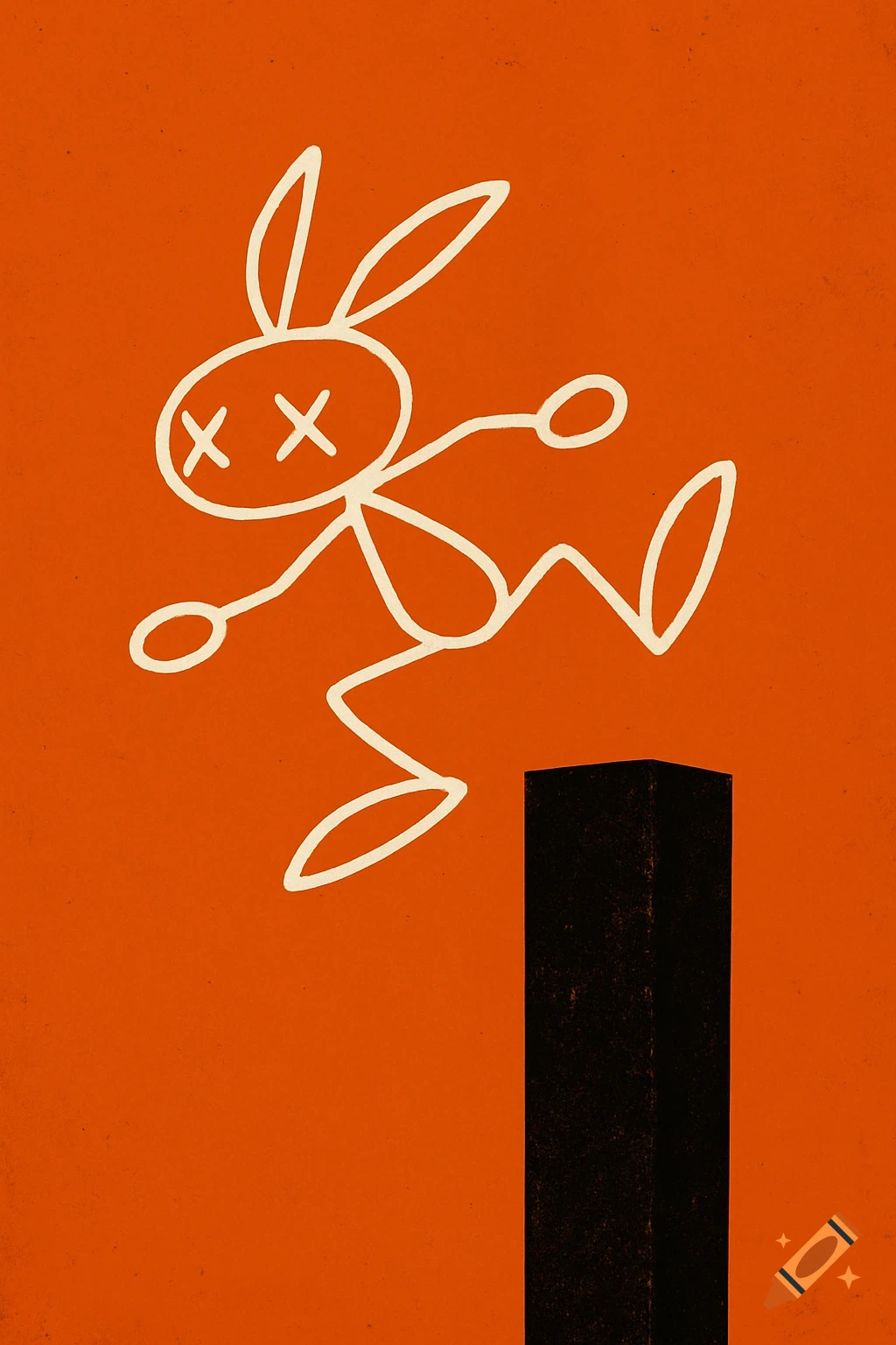 White stick figure with rabbit ears and X eyes jumps over a black pillar on an orange background in a graphic style.