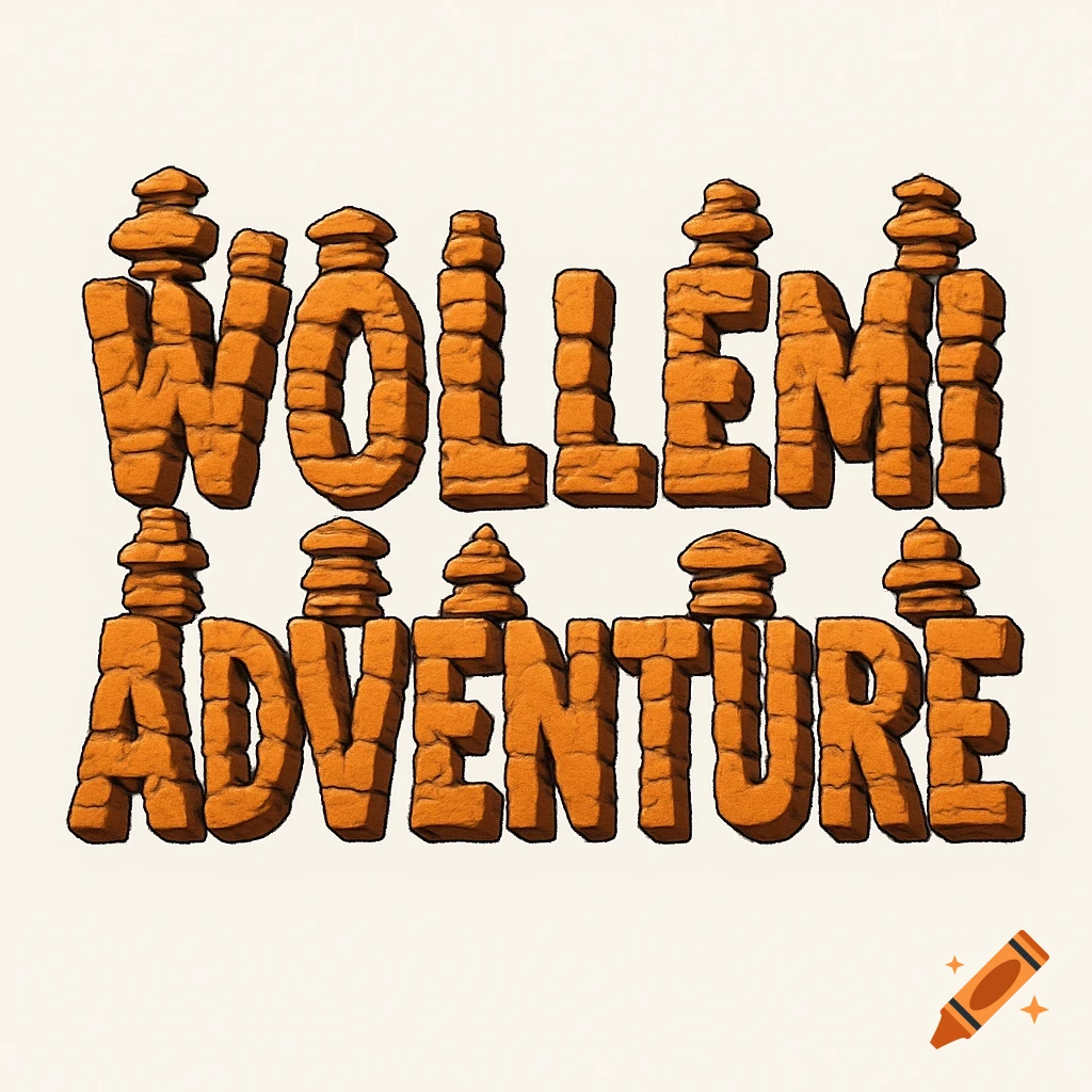 Illustration of 'WOLLEMI ADVENTURE' text in orange rock-like font on a white background.
