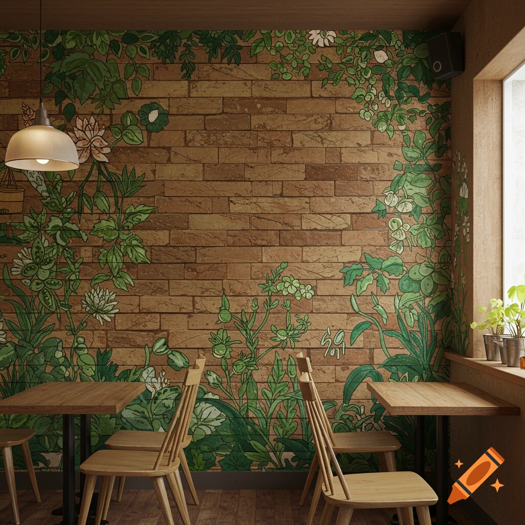 Interior of a cafe with a brick wall mural of green plants and furniture.