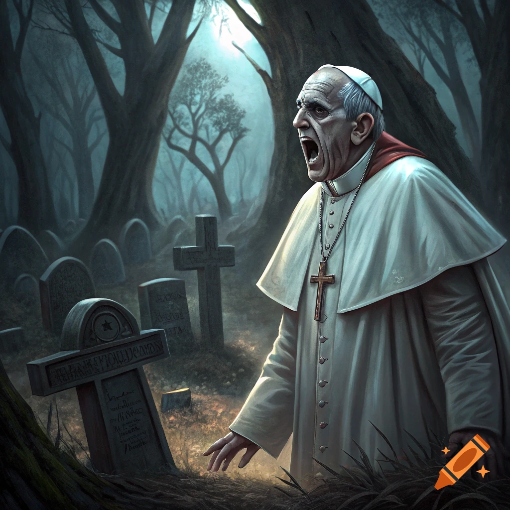 An image of a vampire-like Pope screaming in a dark graveyard.