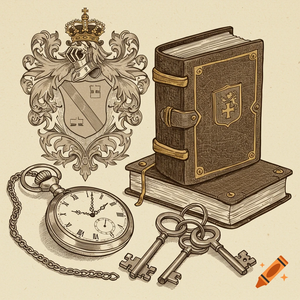 An illustration of antique objects: a coat of arms, two books, a pocket watch, and keys.