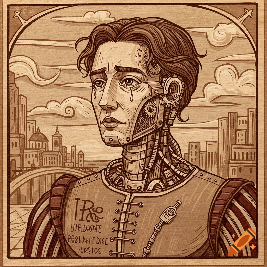 Woodcut portrait of a crying robot with a human face against a city skyline.