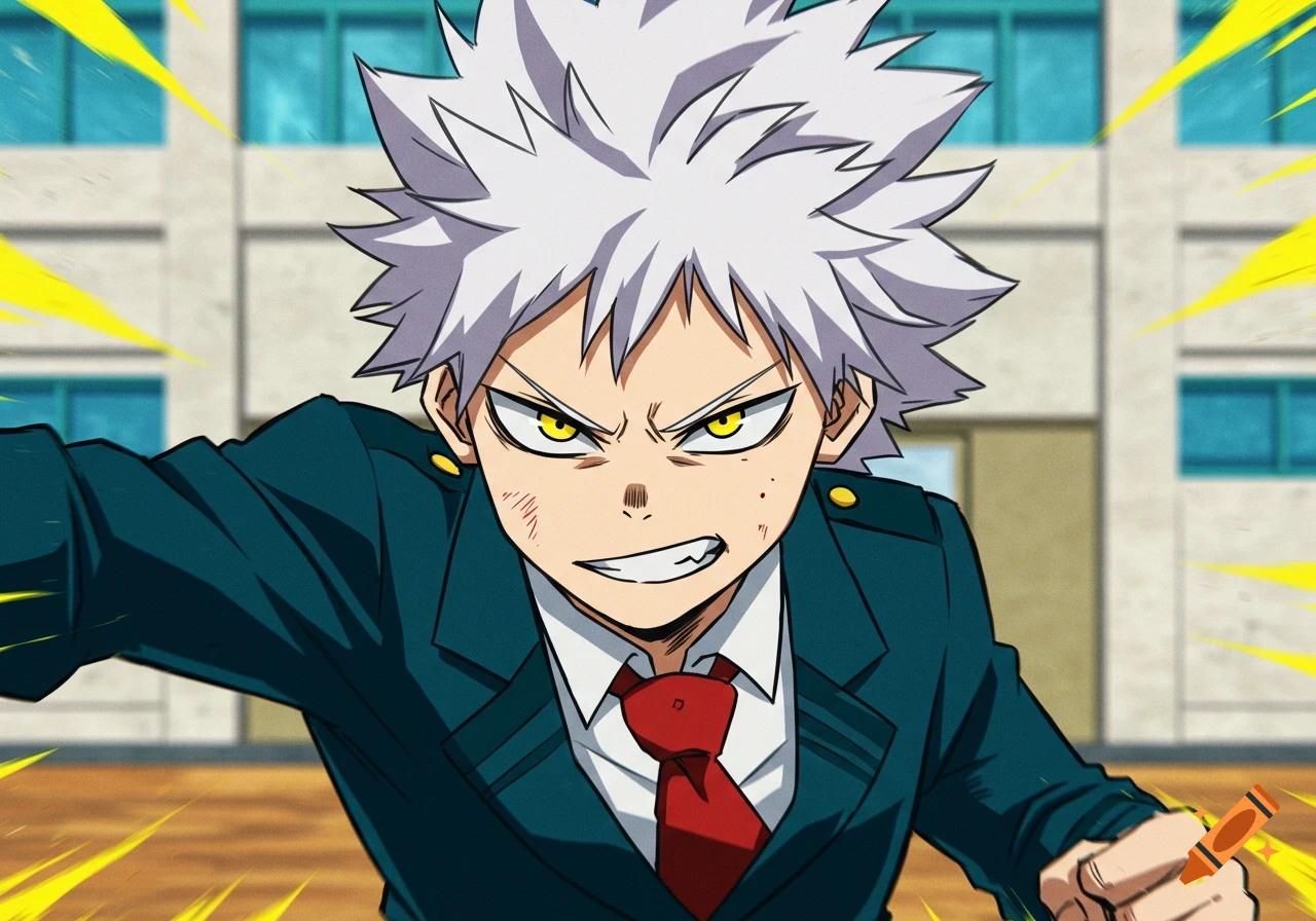 Anime portrait of a young man with white hair and yellow eyes in a school uniform.