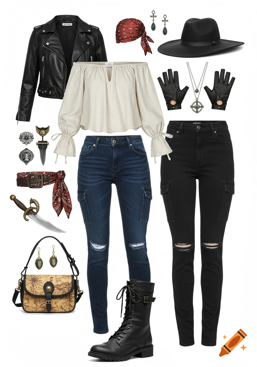 A flat lay of a pirate-inspired outfit with a black leather jacket, white blouse, jeans, cargo pants, boots, hat, bandana, gloves, jewelry, belt, dagger, and map bag.