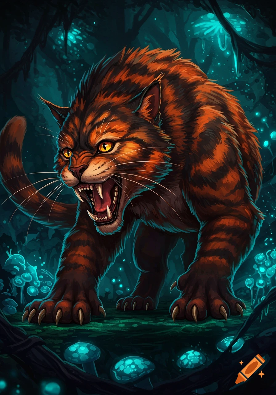 A fierce, striped fantasy cat creature in a dark forest with glowing blue mushrooms.