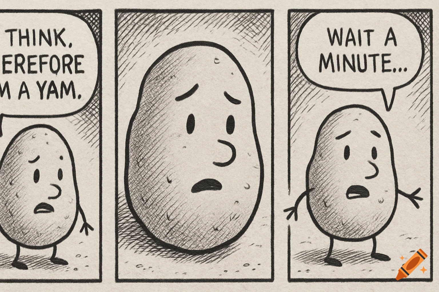 A three-panel comic strip about a potato having an identity crisis. Reads: 'THINK, THEREFORE I'M A YAM.' 'WAIT A MINUTE...'