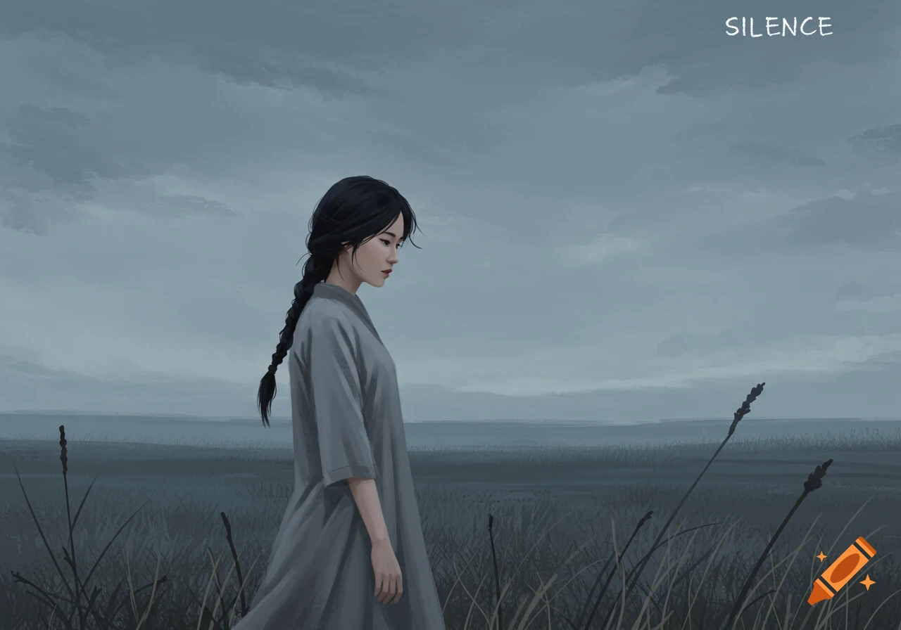 A woman in gray stands in a dark landscape, with the word 'SILENCE' visible.