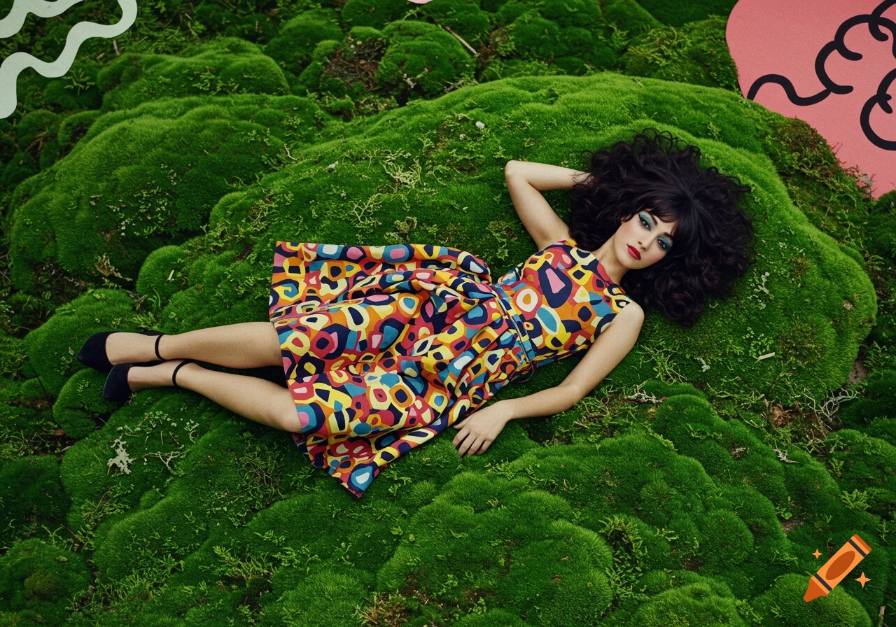 A woman in a colorful abstract dress is laying on moss with abstract shapes in the background.