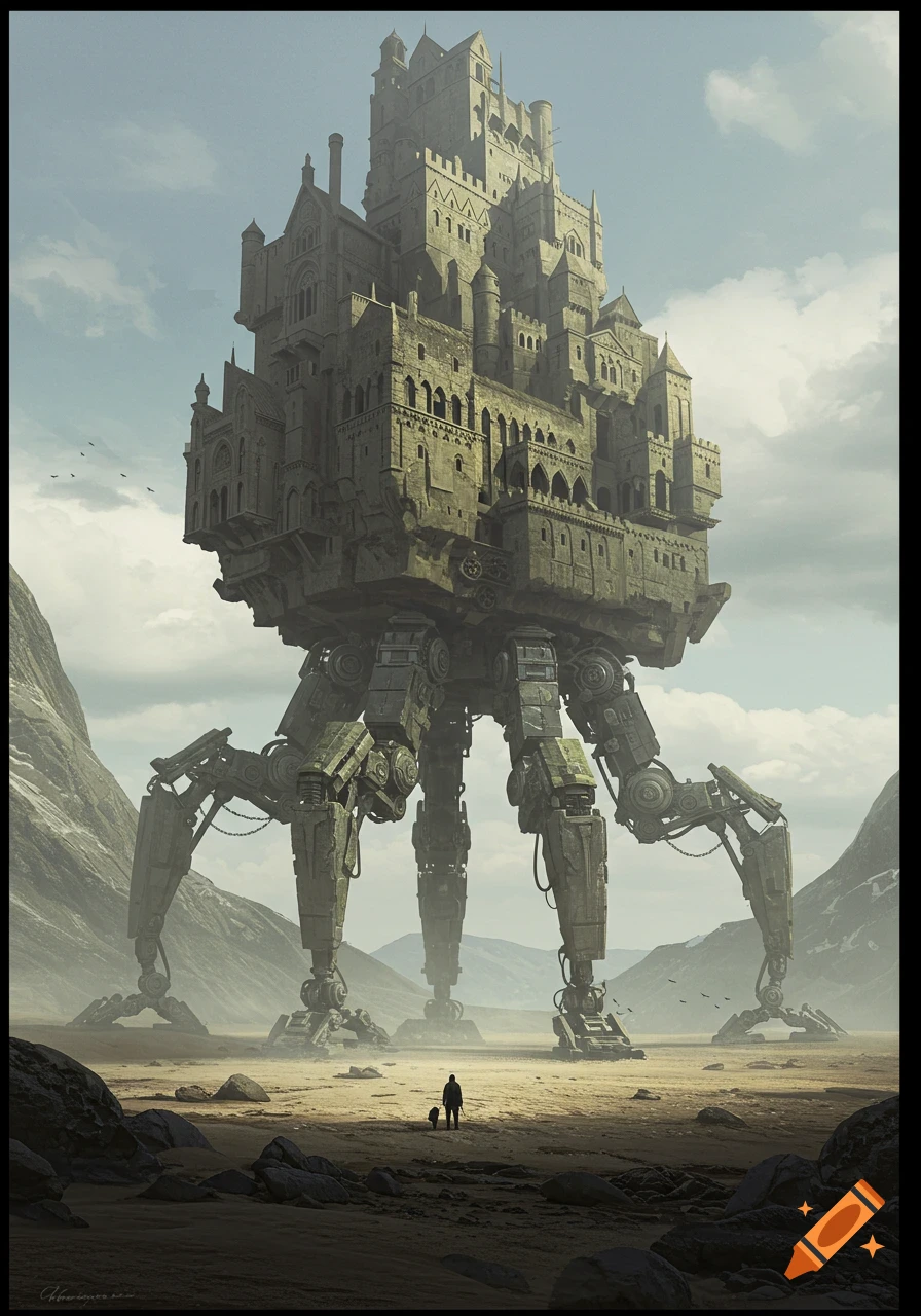 A colossal walking stone castle on mechanical legs in a barren landscape, with a person and dog.