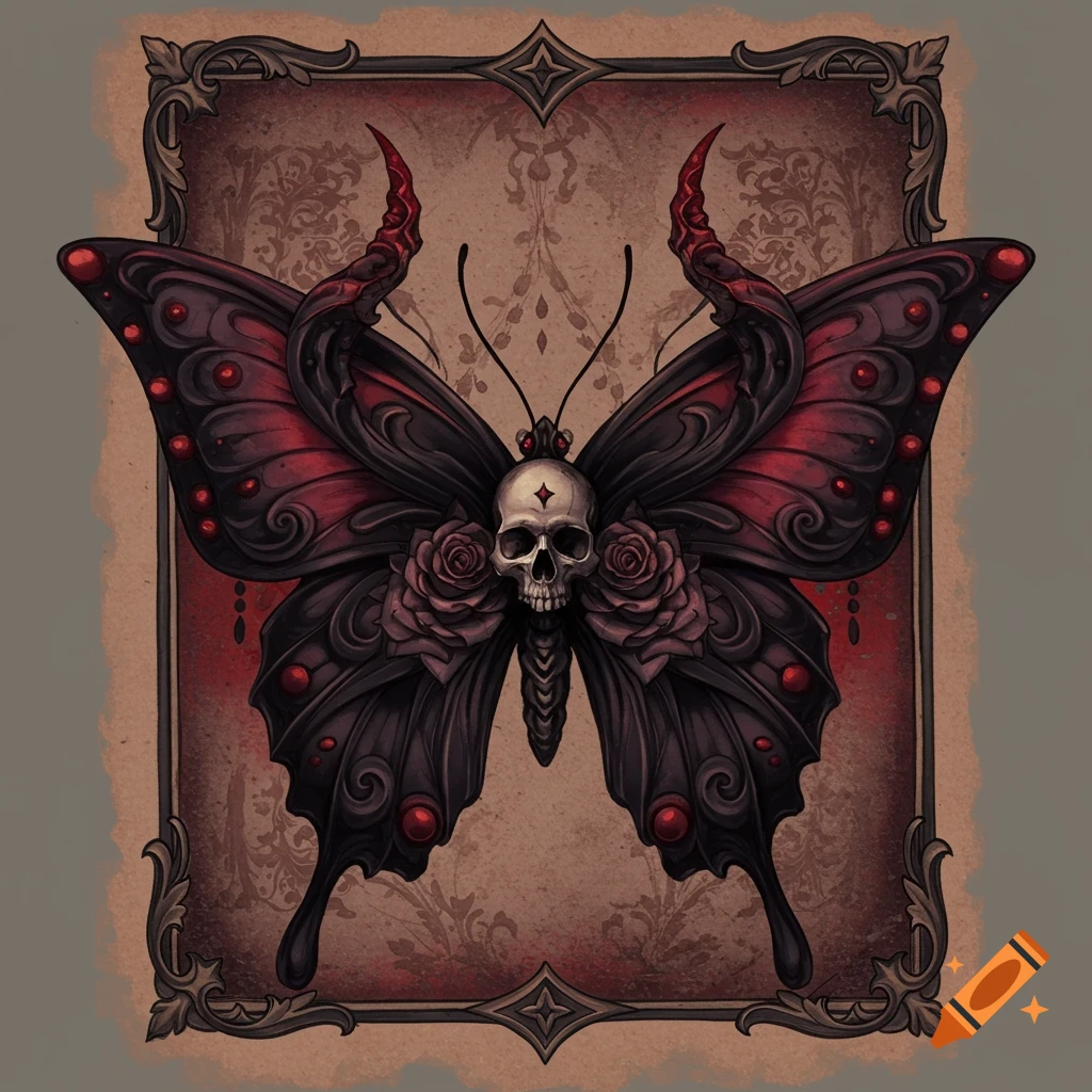 A gothic butterfly with a skull body, red accents, and devil horns, presented in a decorative frame.