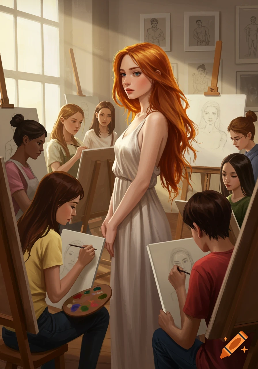 A young woman poses as a model for art students drawing on easels in an art class.