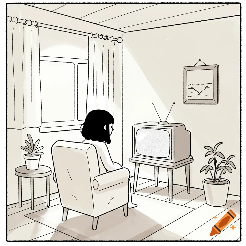 Hand-drawn illustration of a person watching a TV in a minimalist room.