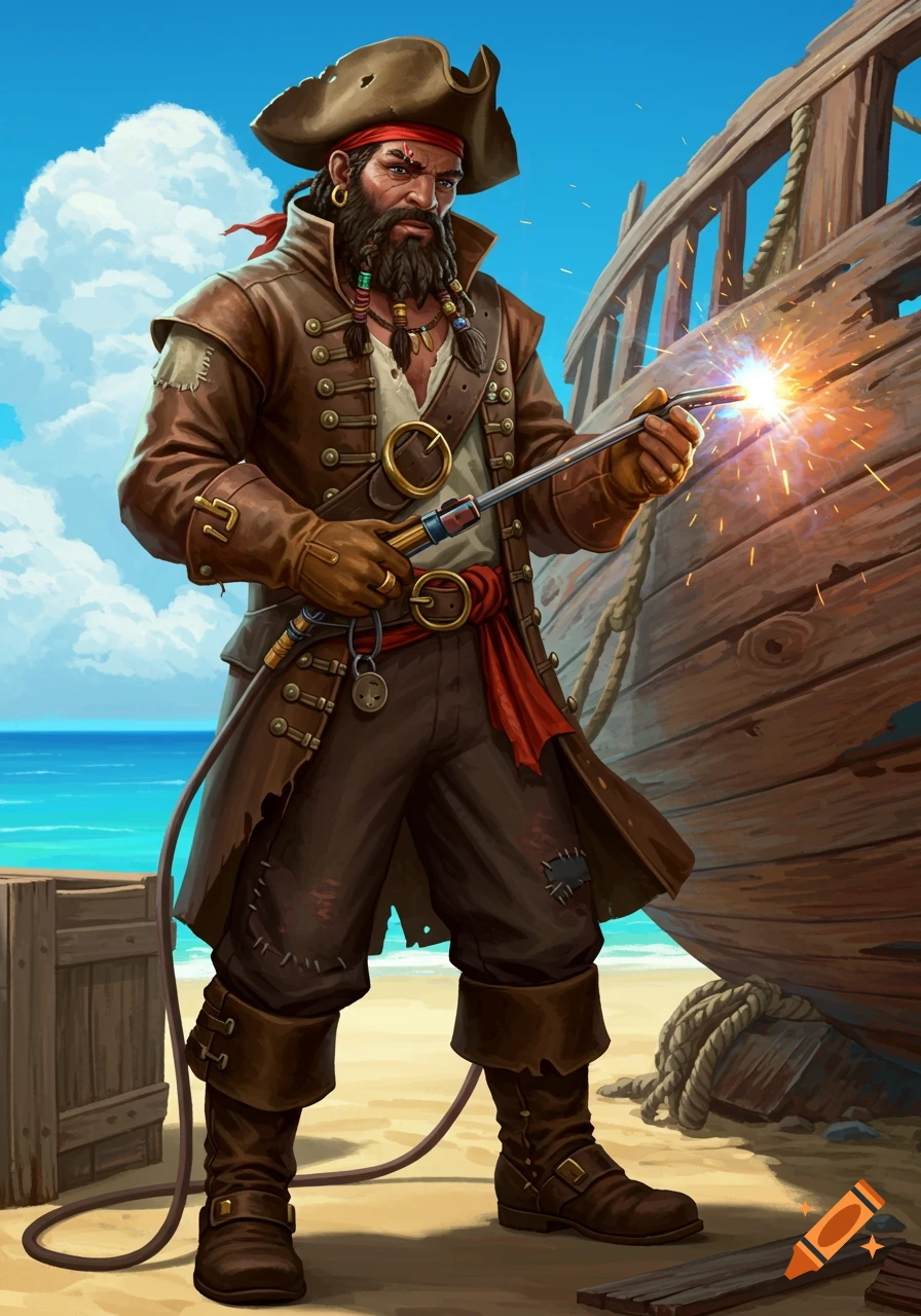 A pirate welding a wooden boat on a sandy beach