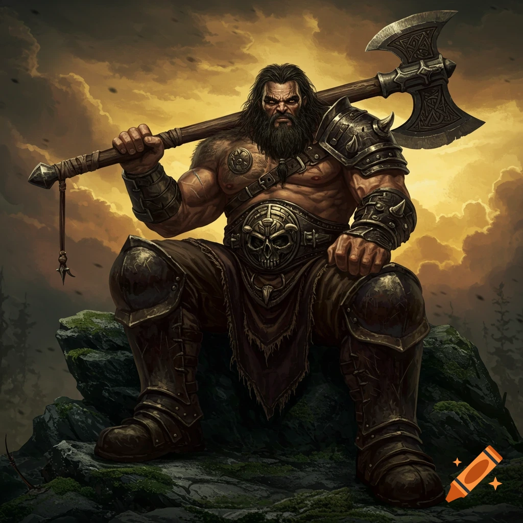 A powerful barbarian character with a beard and armor sits on a rock, holding a large axe.