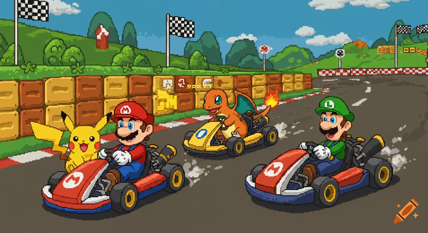 Pixel art of Mario, Pikachu, Charmander, and Luigi racing go-karts on a track.