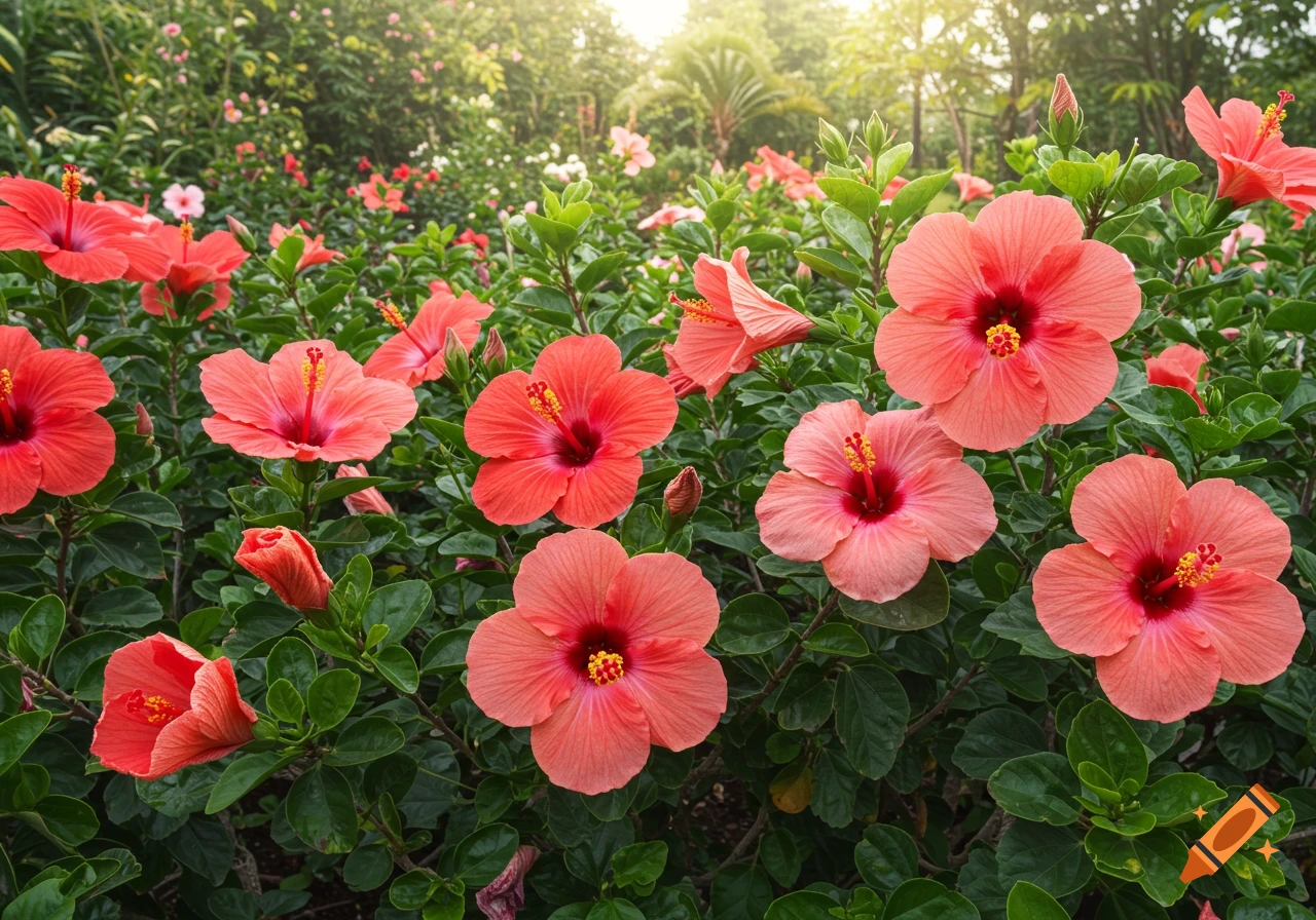 Photorealistic image of a lush garden filled with vibrant coral hibiscus flowers.