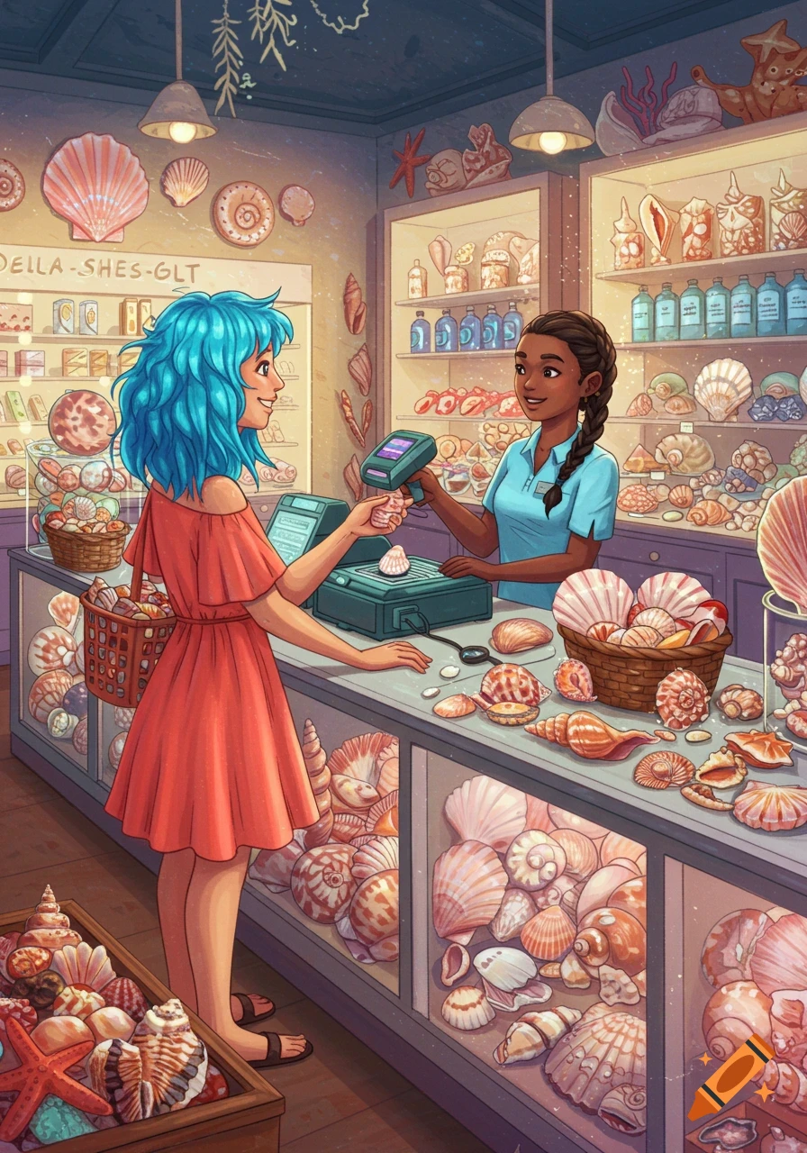 A customer is buying seashells at a shop counter.