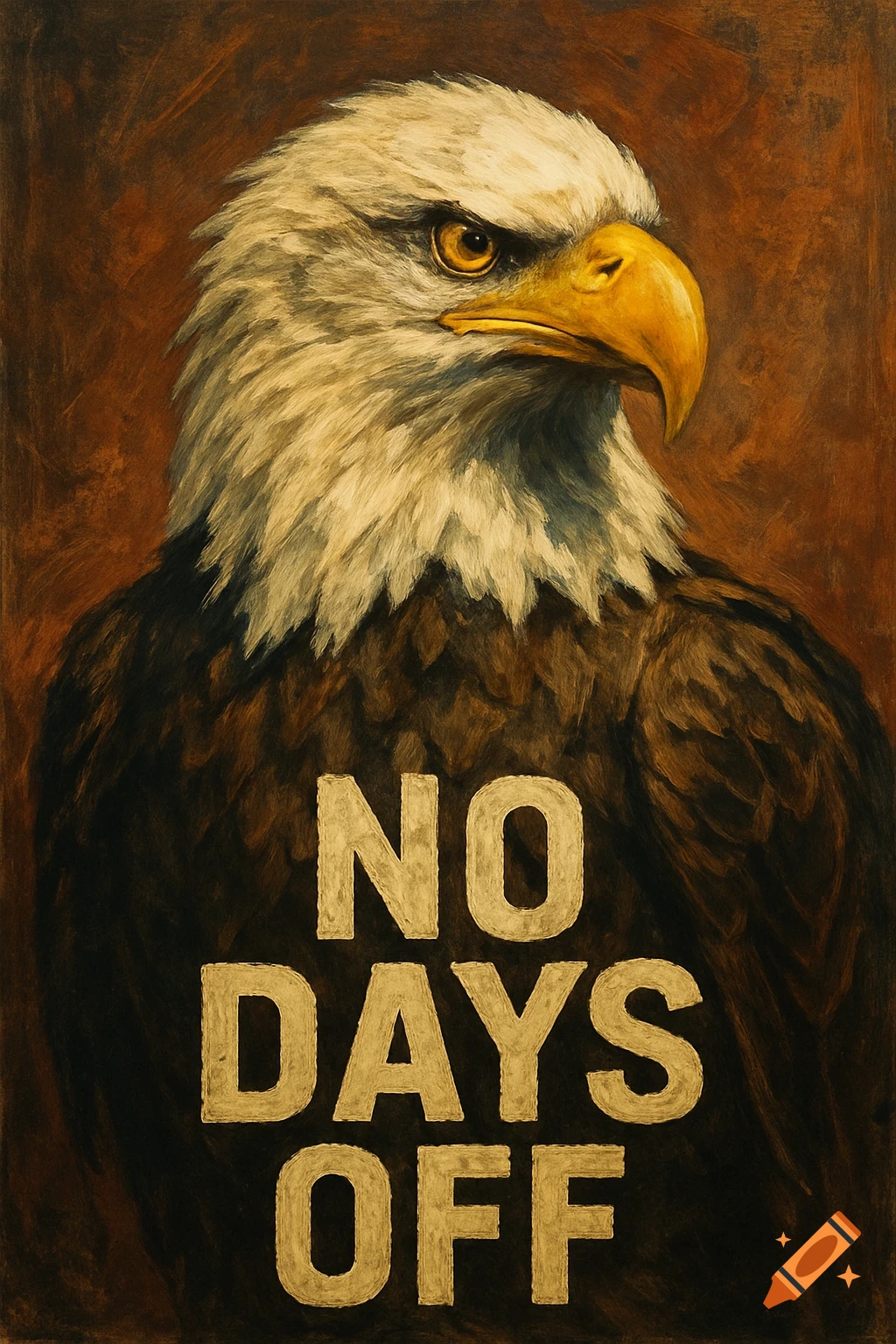 Painting of a bald eagle with the text "NO DAYS OFF" on its chest.