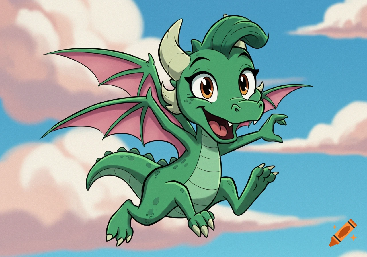 A cute green cartoon dragon flies in a blue sky with clouds.