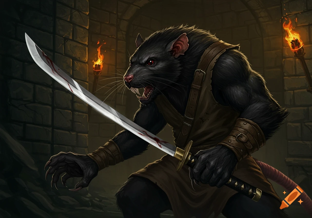 A fantasy rat creature in a dungeon holds a bloody katana.