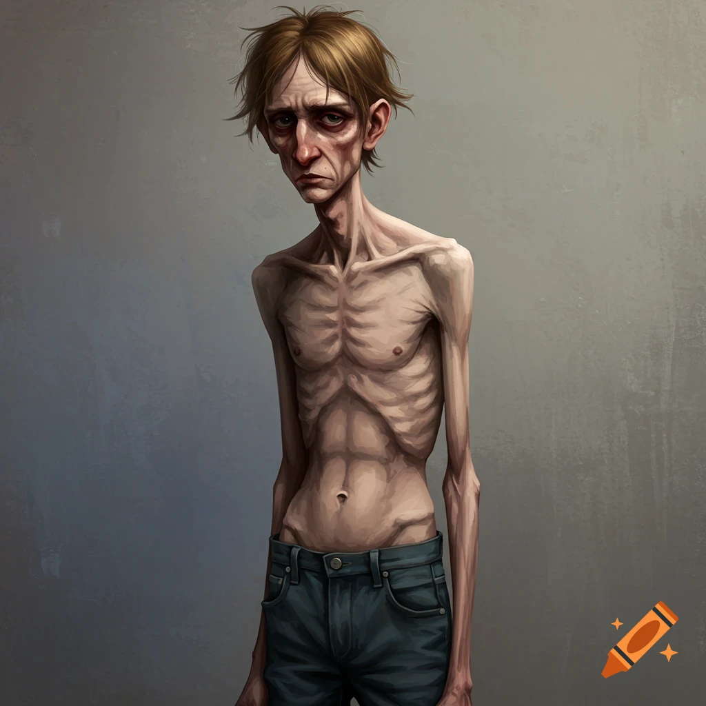 Severely emaciated man with exposed ribs wearing jeans, standing against a grey background.