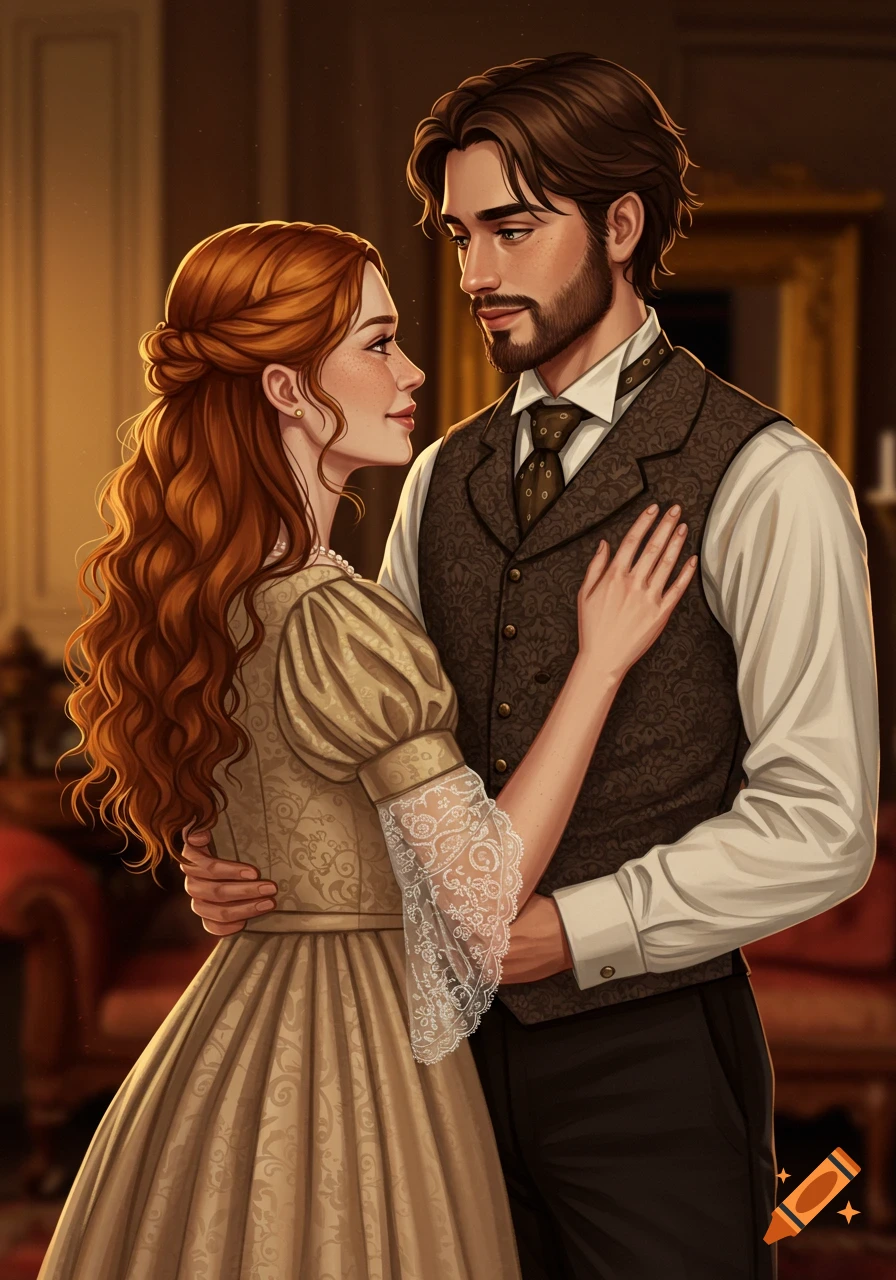 A loving Victorian couple embracing.