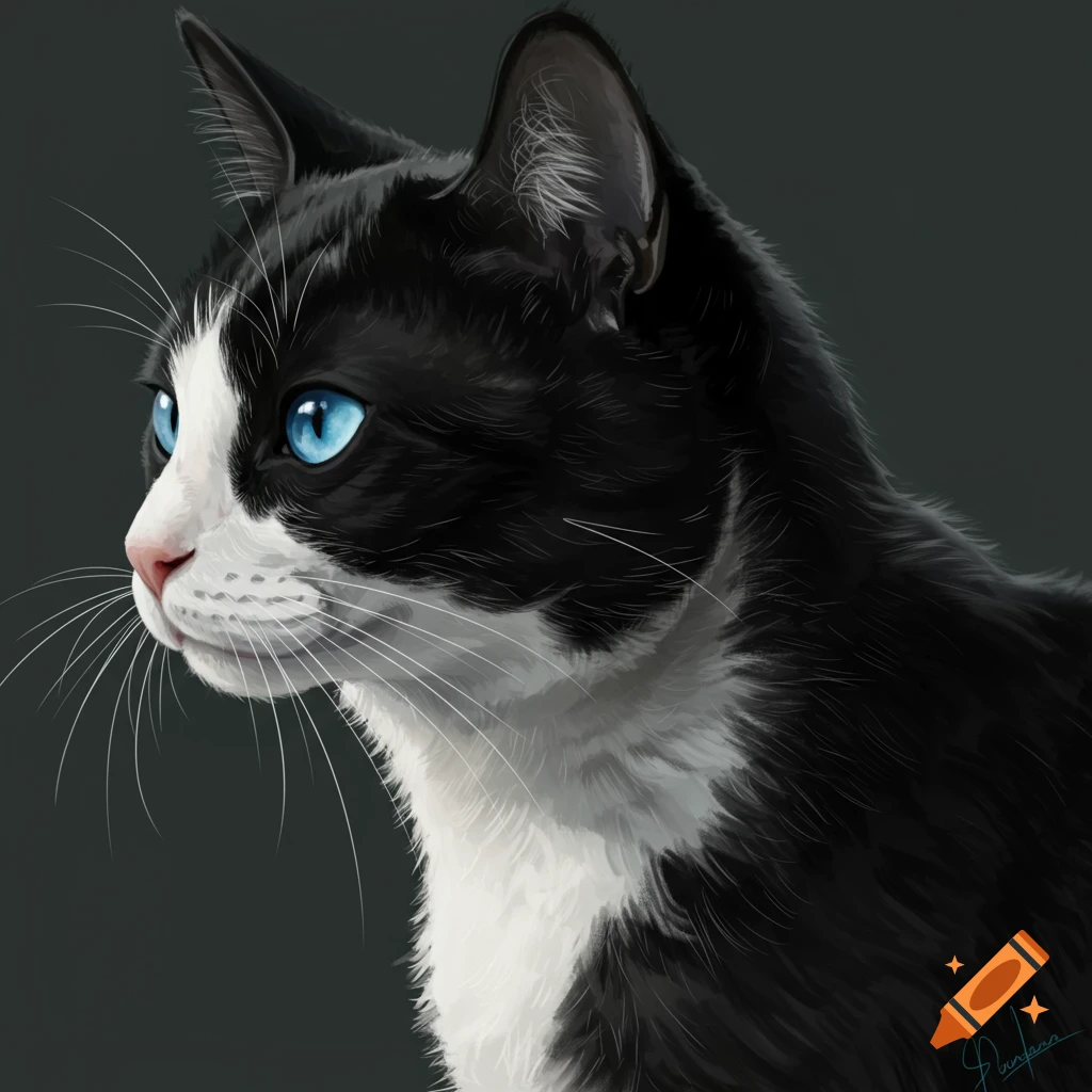 A close-up of a black and white cat with bright blue eyes looking left.