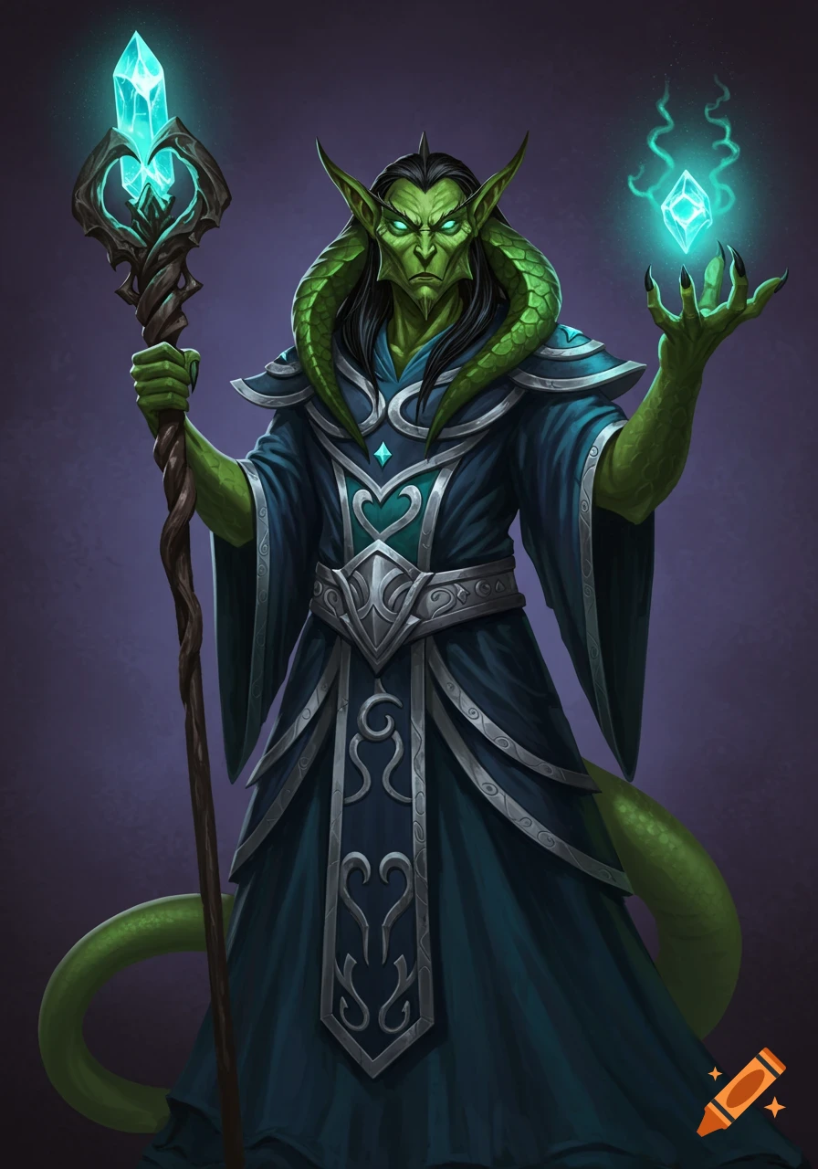 A green serpentine sorcerer in blue robes holding a staff with a glowing crystal.