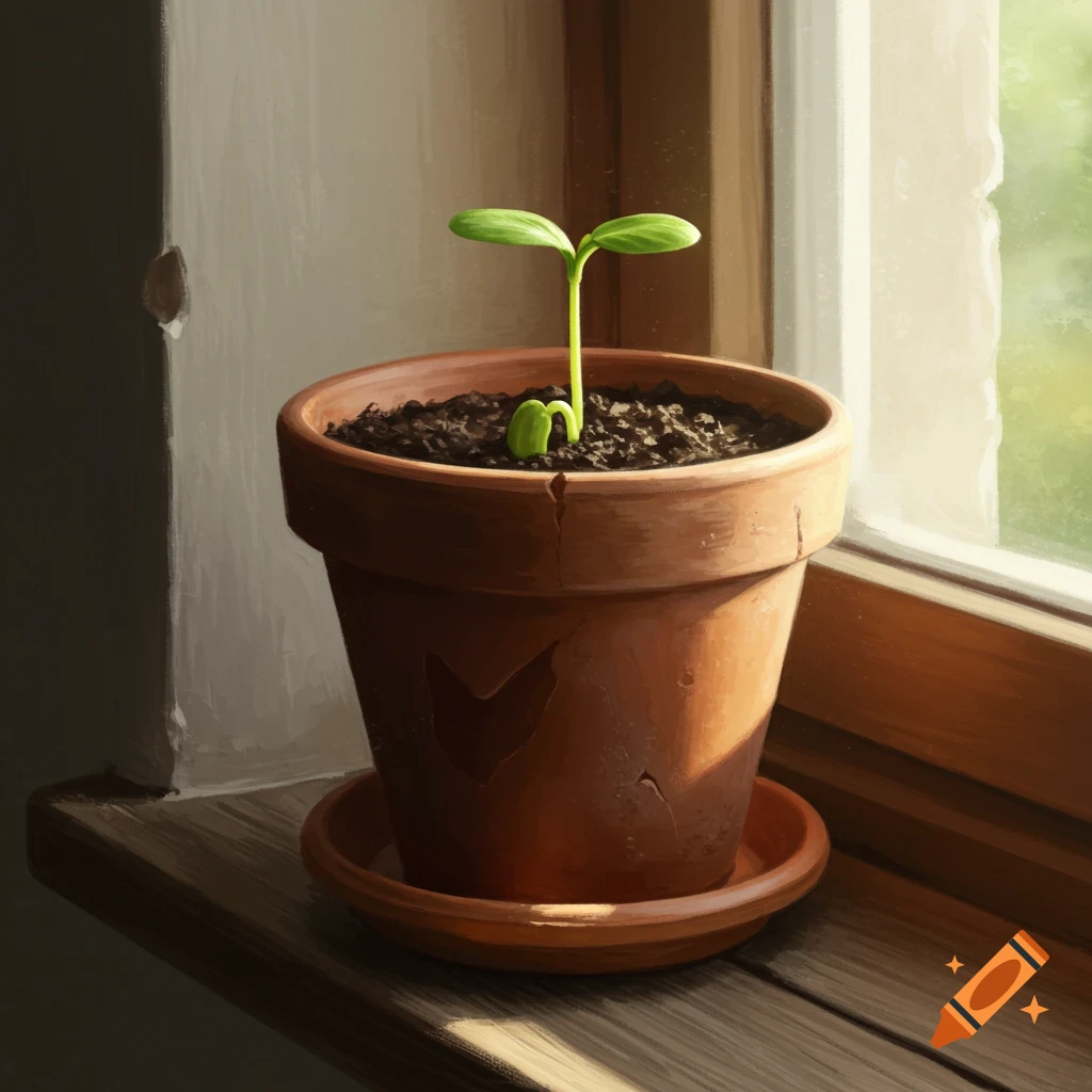 A small sprout grows in a terracotta pot on a windowsill.
