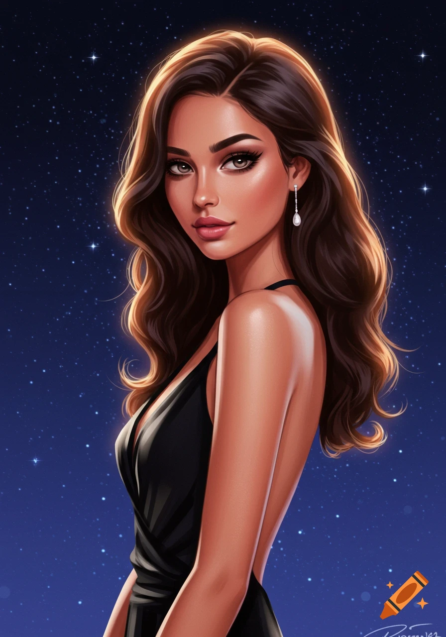 A woman in a black dress stands against a starry sky.