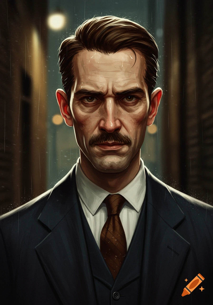 Portrait of a stern man with a mustache in a suit and tie standing in the rain.