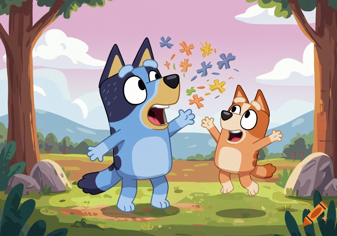Bluey yawns releasing 'yawn darts' as Bingo jumps to catch them in a cartoon style outdoor scene.