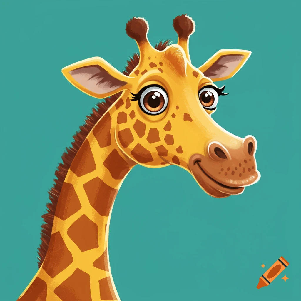 Graphic cartoon head and neck of a giraffe on a teal background.