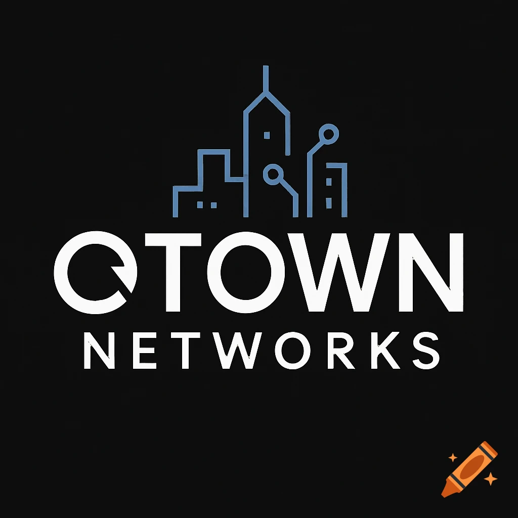 Logo for 'OTOWN NETWORKS' IT company with stylized text and city/tech graphic.