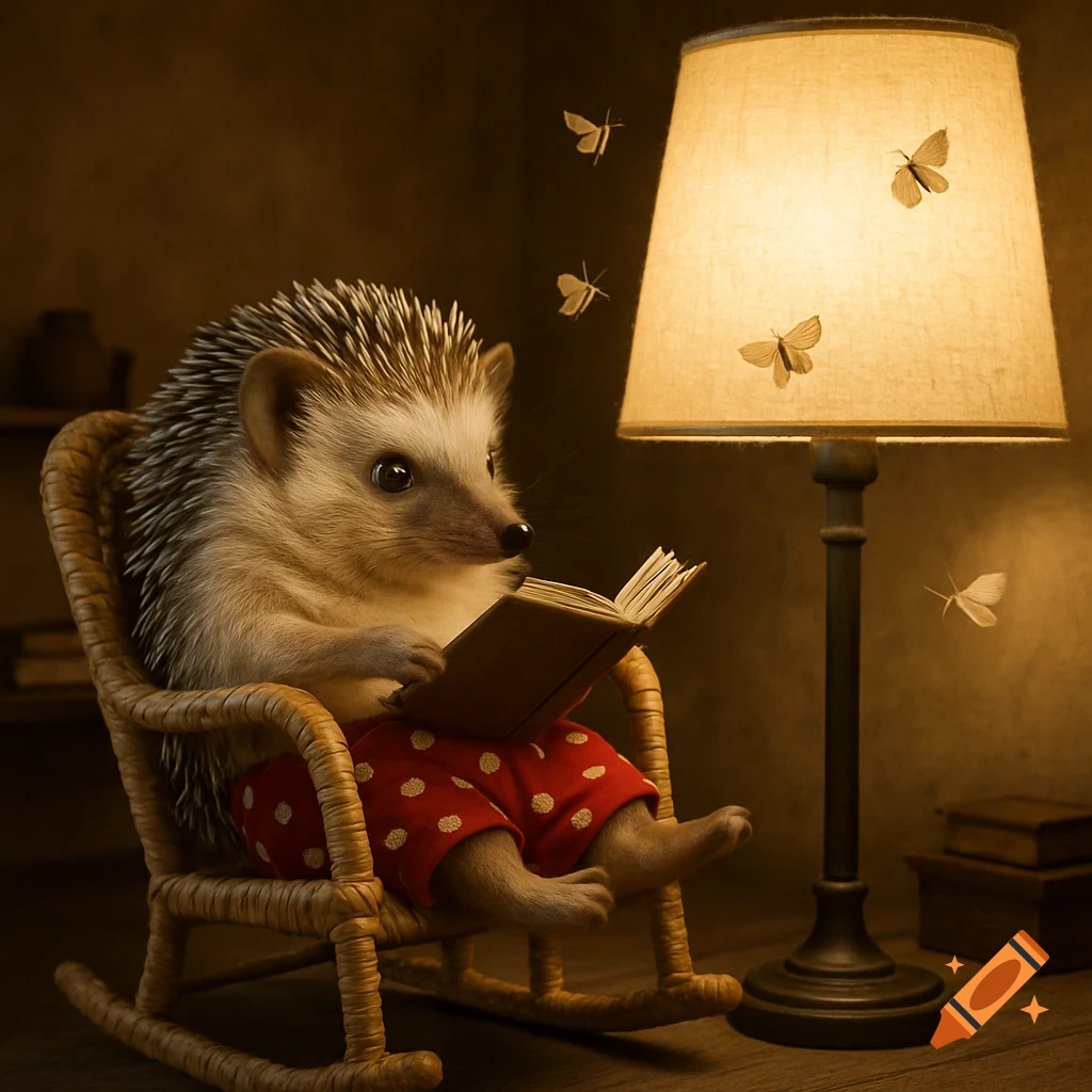 A photorealistic hedgehog sits in a rocking chair, reading a book by lamplight as moths fly around.
