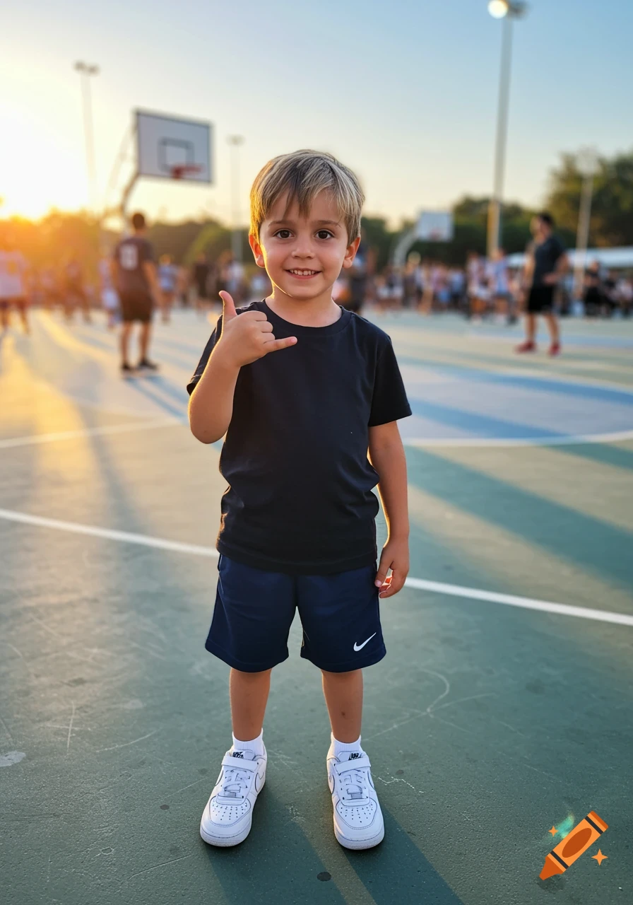 A boy on a basketball court does a hang loose sign, golden hour light.