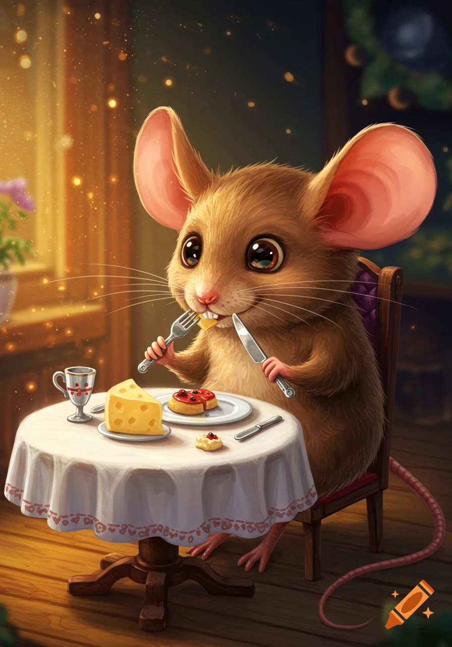 A cute mouse sitting at a table, eating cheese with a knife and fork.