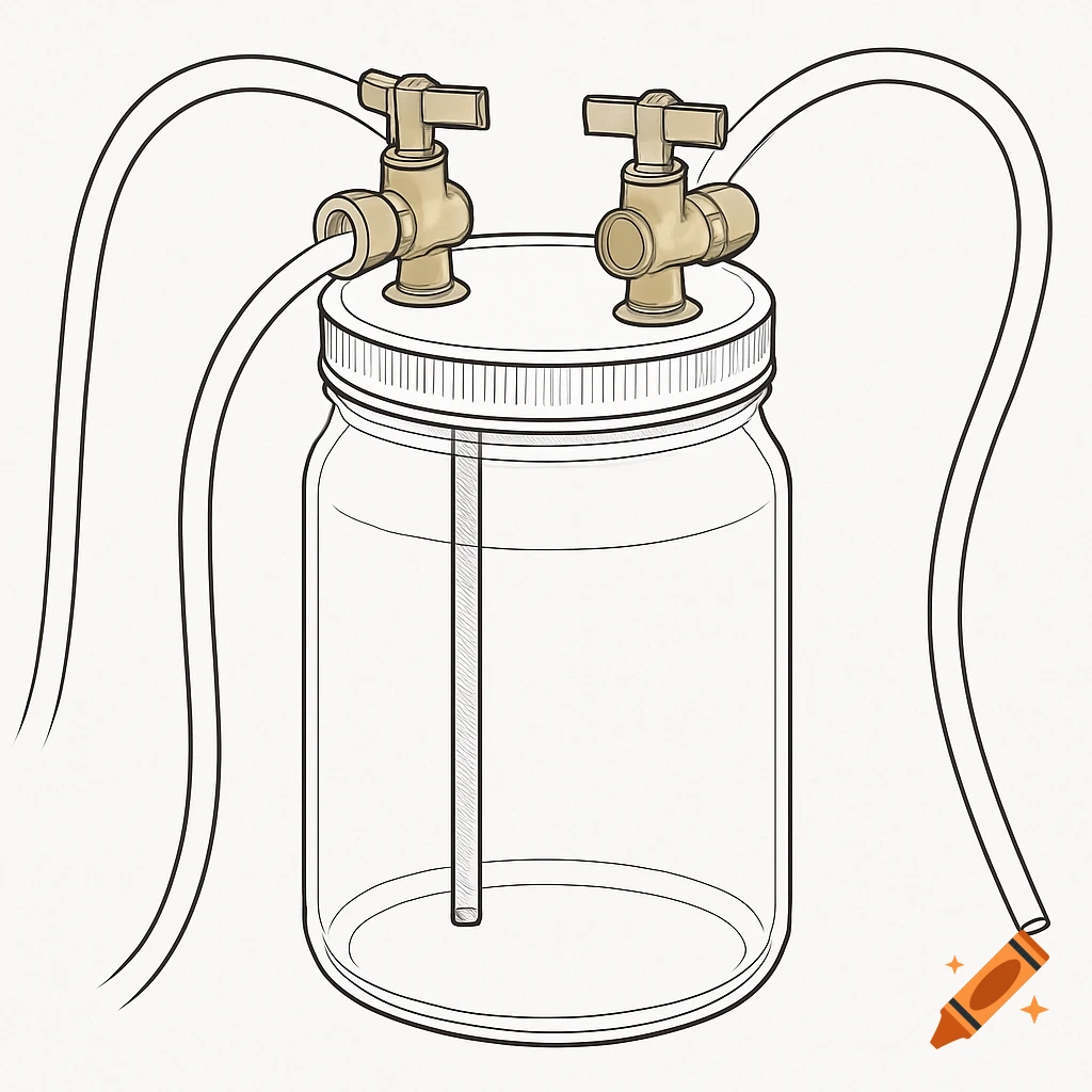 Illustration of a schematic diagram showing a jar with two taps and tubes attached, one tube extending inside the jar.