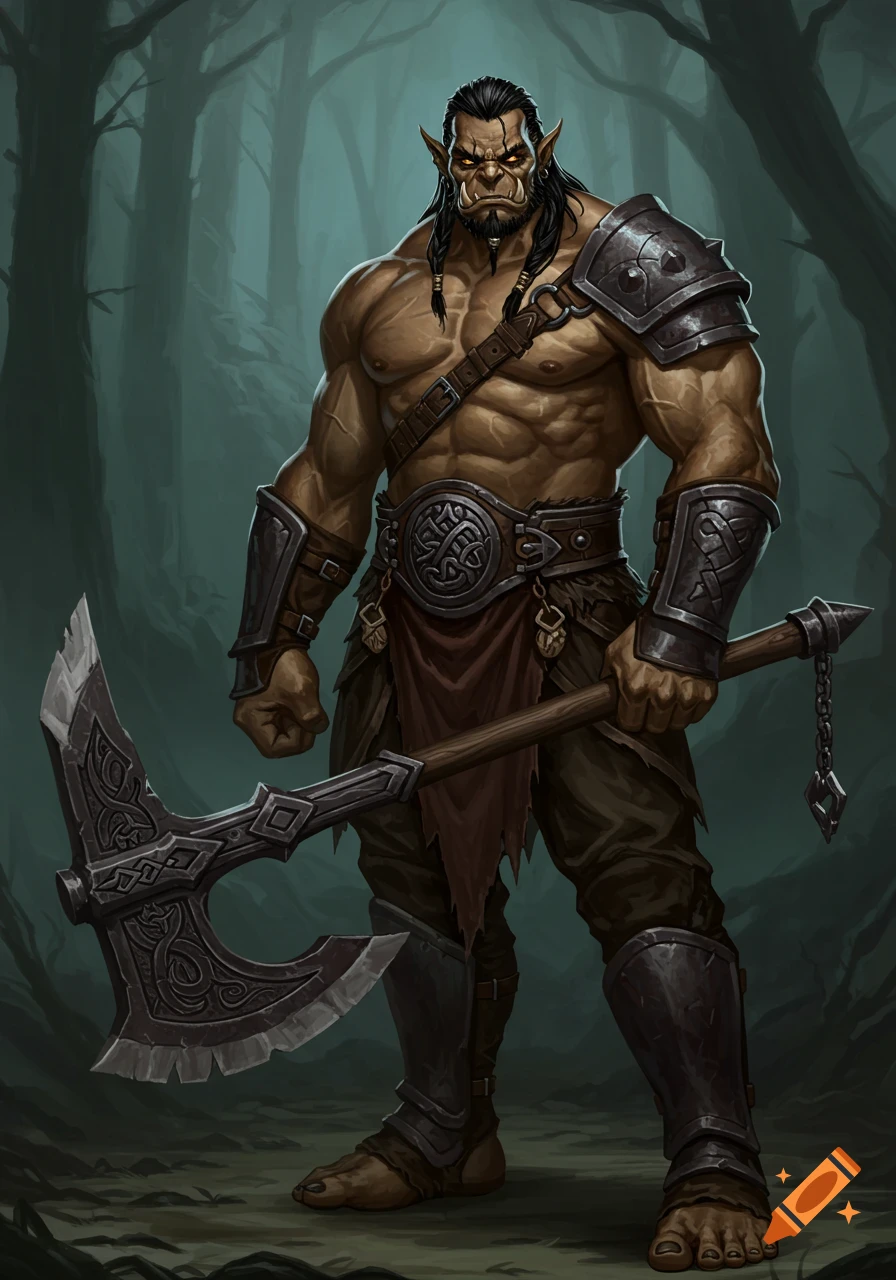 A muscular half-orc holding a great axe stands in a forest.