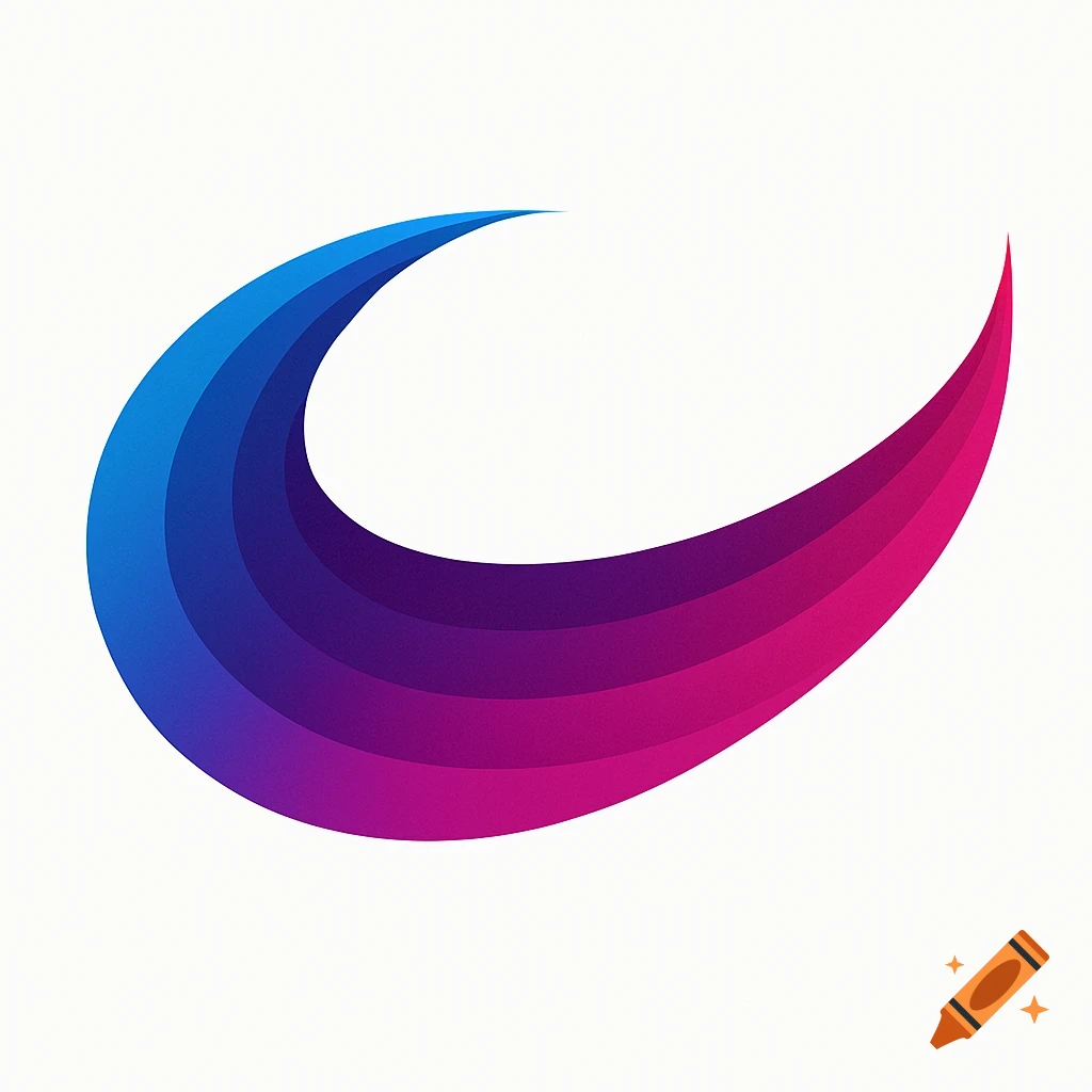 Abstract curved shape with blue, purple, and pink gradient on a white background.