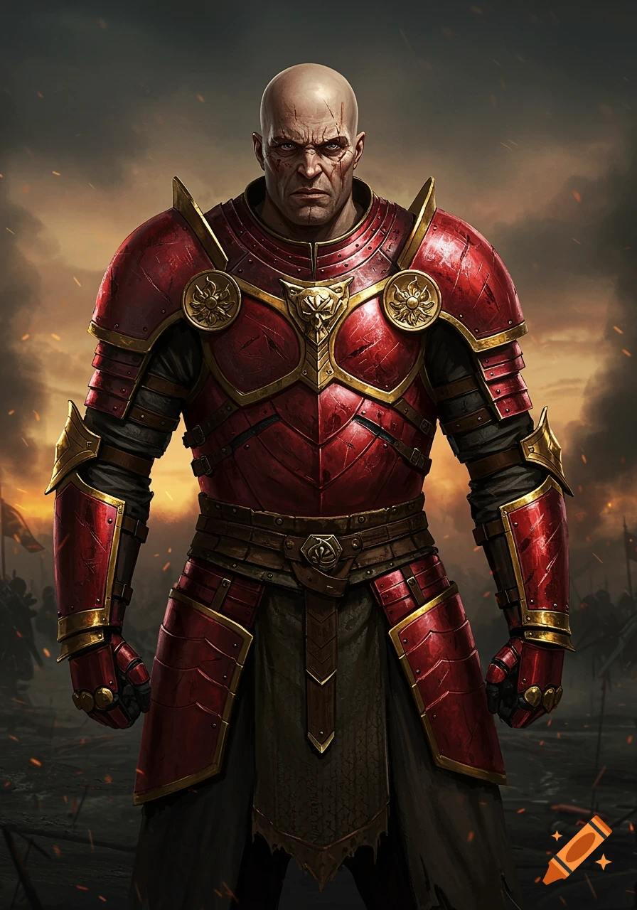 A bald man in red and gold fantasy armor stands on a battlefield.