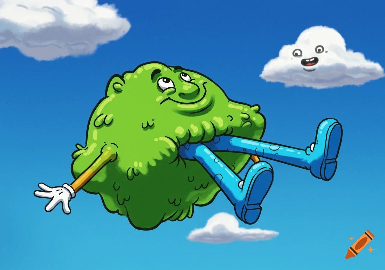 Cartoon drawing of a flying bush with human-like legs and a single arm, next to a cloud with a face.