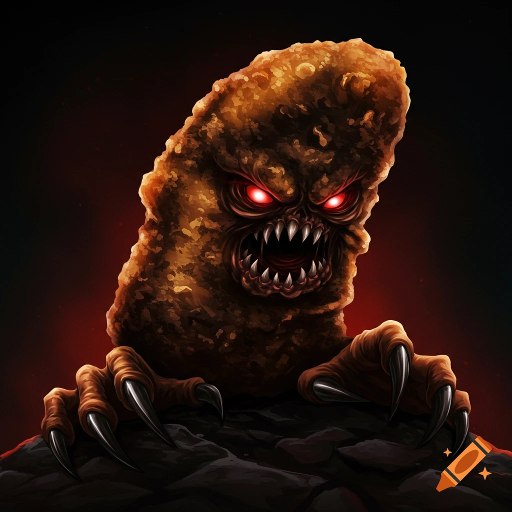 A monstrous chicken nugget with glowing red eyes and sharp teeth emerges from darkness.